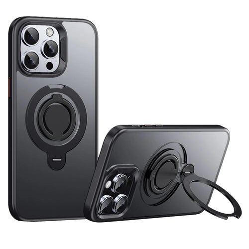 For iPhone 13 Pro Max Case Compatible with MagSafe Kickstand Matte PC+TPU Phone Cover with Silicone Ring - Black - 1