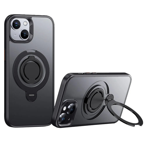 For iPhone 13 Case Compatible with MagSafe Kickstand Matte PC+TPU Phone Cover with Silicone Ring - Black - 1