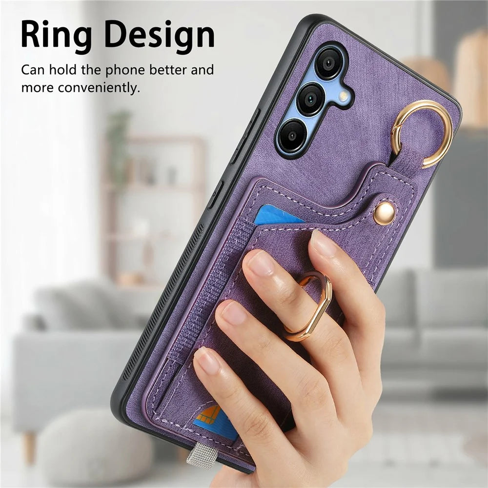 For Samsung Galaxy A16 4G / 5G Case Card Slots Leather+TPU Phone Cover with Ring Buckle - Green - 6