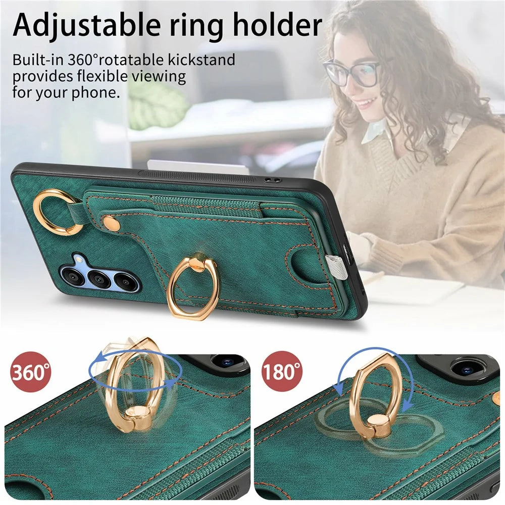For Samsung Galaxy A16 4G / 5G Case Card Slots Leather+TPU Phone Cover with Ring Buckle - Green - 7