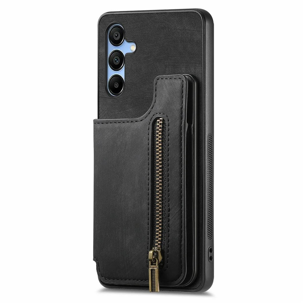 For Samsung Galaxy A16 4G / 5G Case RFID Blocking Card Holder Retro Leather + TPU Zipper Phone Cover - Black - 4