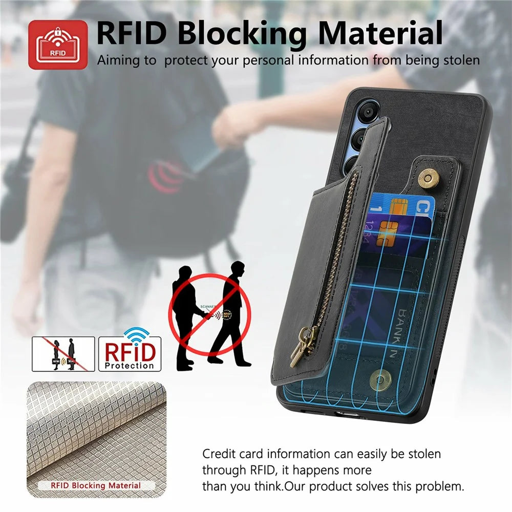 For Samsung Galaxy A16 4G / 5G Case RFID Blocking Card Holder Retro Leather + TPU Zipper Phone Cover - Black - 5