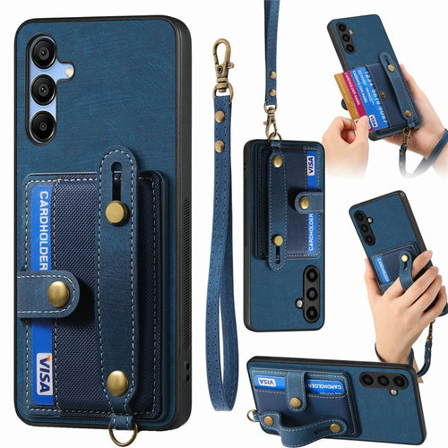 For Samsung Galaxy A16 4G / 5G Case Wristband Kickstand PU Leather Retro Back Cover Card Holder - Blue - 1