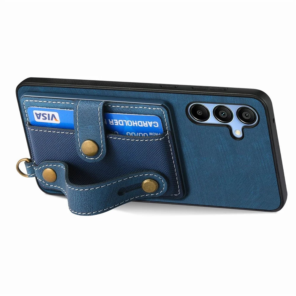 For Samsung Galaxy A16 4G / 5G Case Wristband Kickstand PU Leather Retro Back Cover Card Holder - Blue - 2