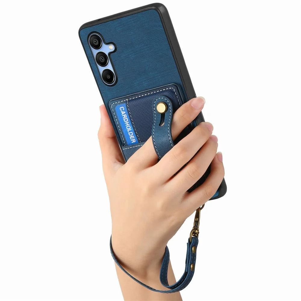 For Samsung Galaxy A16 4G / 5G Case Wristband Kickstand PU Leather Retro Back Cover Card Holder - Blue - 3