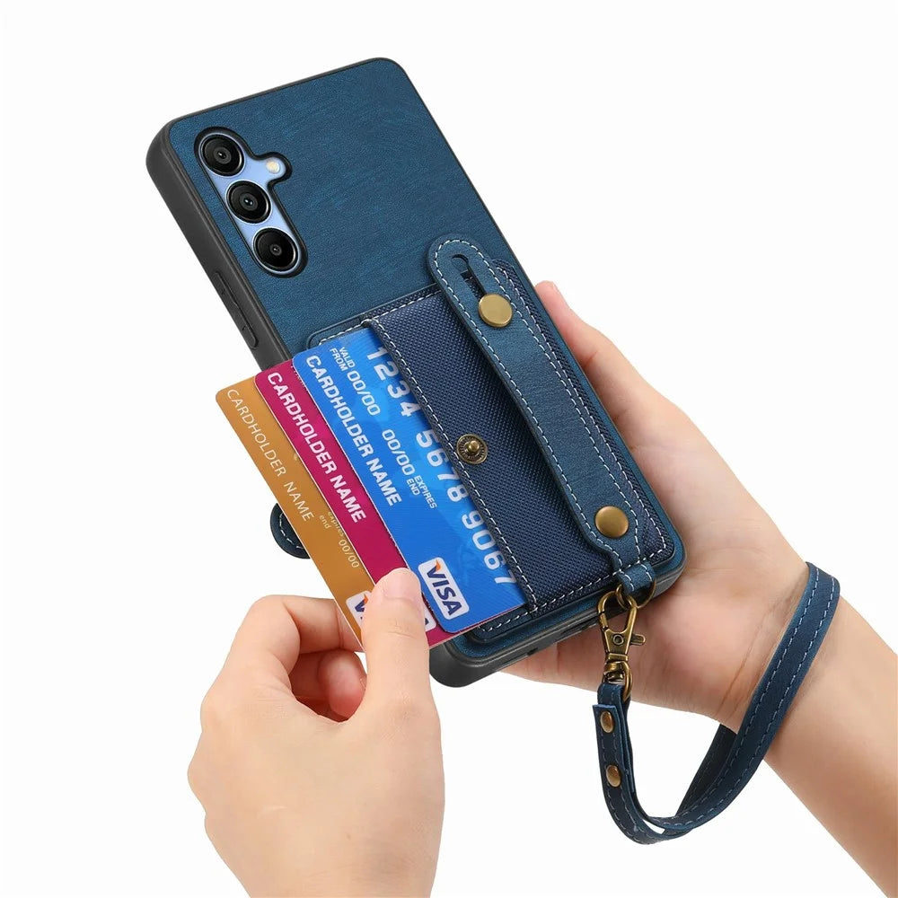 For Samsung Galaxy A16 4G / 5G Case Wristband Kickstand PU Leather Retro Back Cover Card Holder - Blue - 4