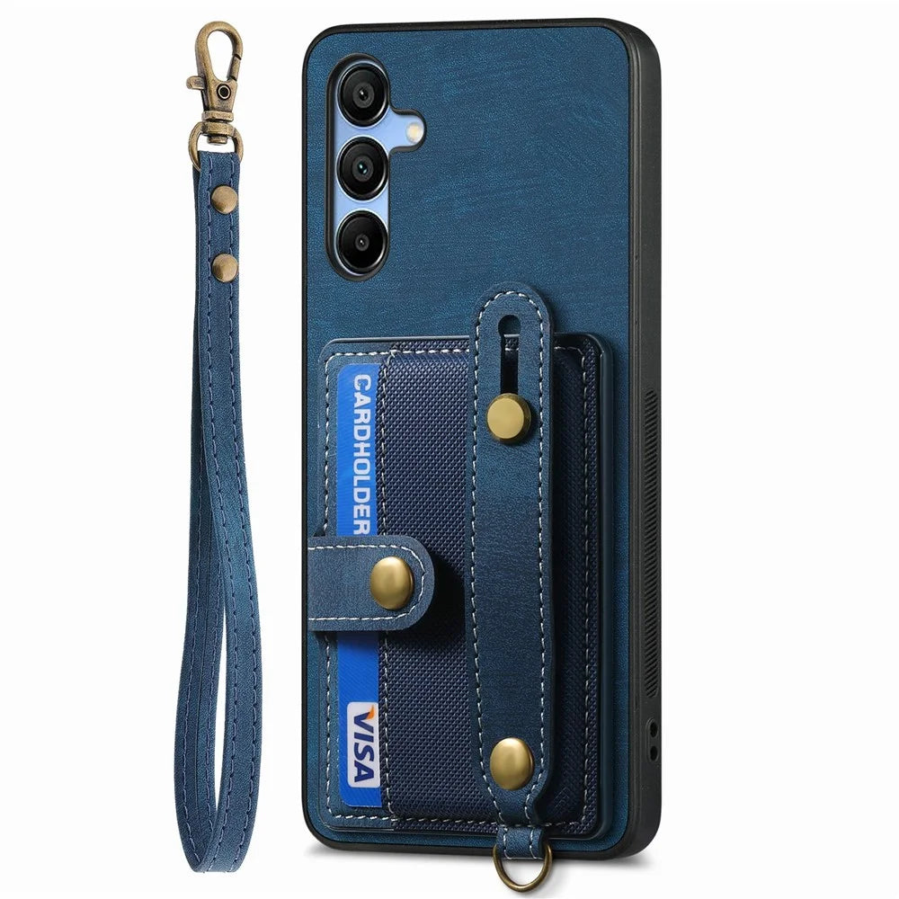 For Samsung Galaxy A16 4G / 5G Case Wristband Kickstand PU Leather Retro Back Cover Card Holder - Blue - 5
