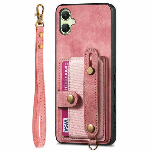 For Samsung Galaxy A06 4G Case Wristband Kickstand PU Leather Retro Back Cover Card Holder - Pink - 1