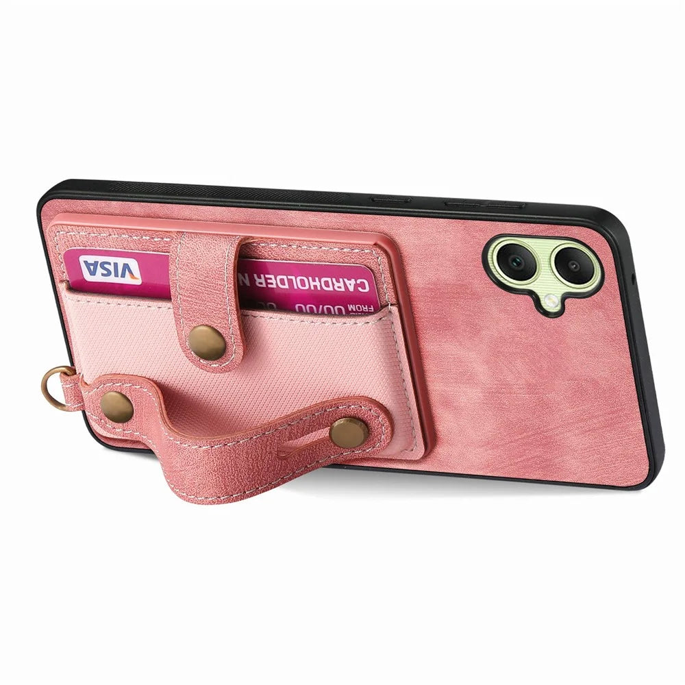 For Samsung Galaxy A06 4G Case Wristband Kickstand PU Leather Retro Back Cover Card Holder - Pink - 2