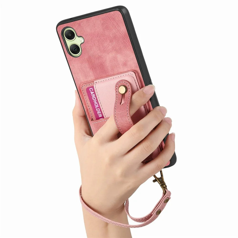 For Samsung Galaxy A06 4G Case Wristband Kickstand PU Leather Retro Back Cover Card Holder - Pink - 3