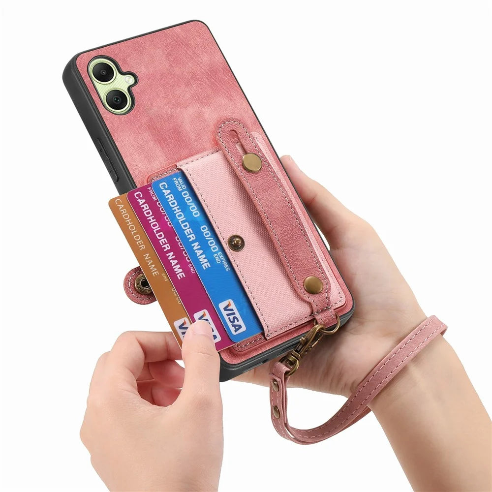 For Samsung Galaxy A06 4G Case Wristband Kickstand PU Leather Retro Back Cover Card Holder - Pink - 4