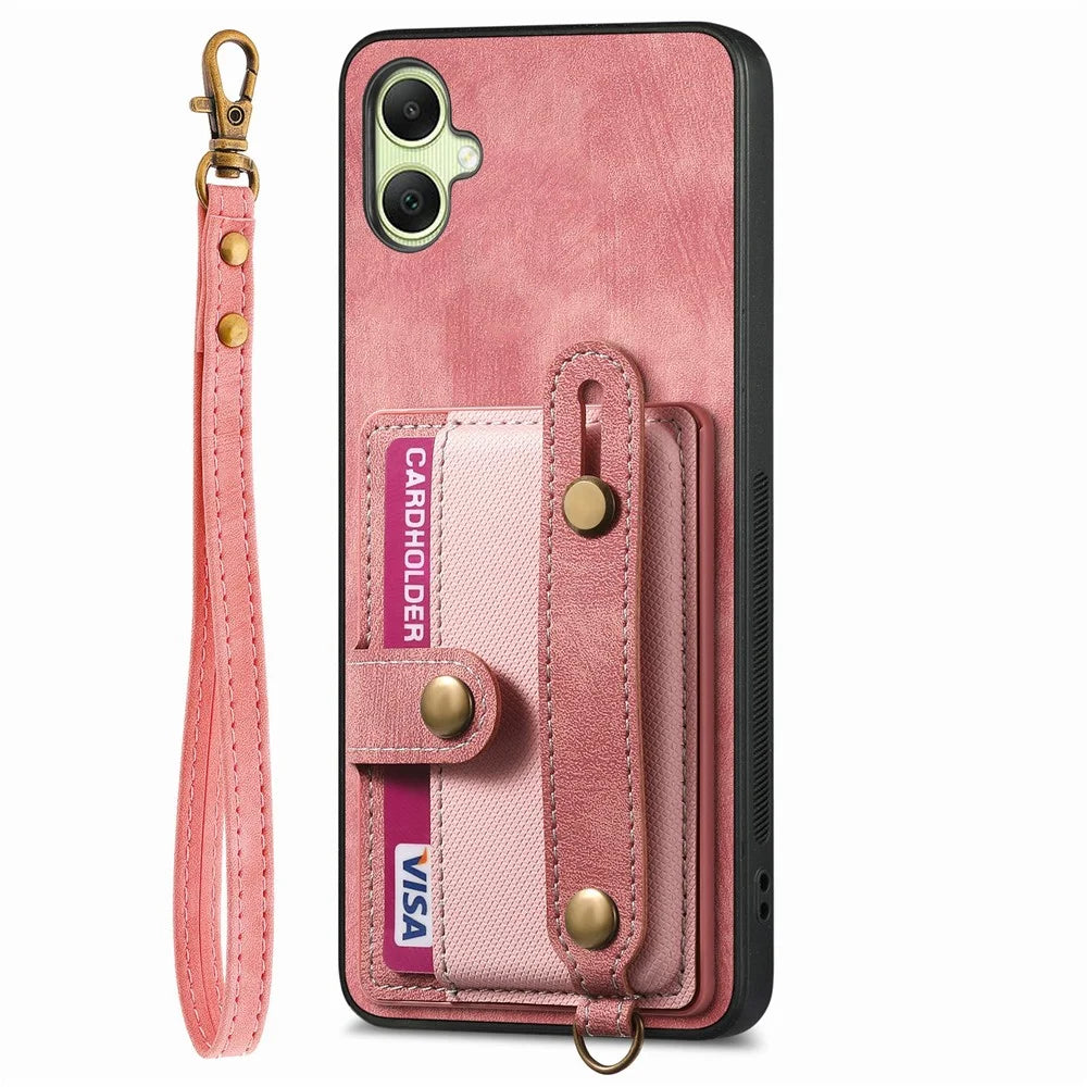 For Samsung Galaxy A06 4G Case Wristband Kickstand PU Leather Retro Back Cover Card Holder - Pink - 5