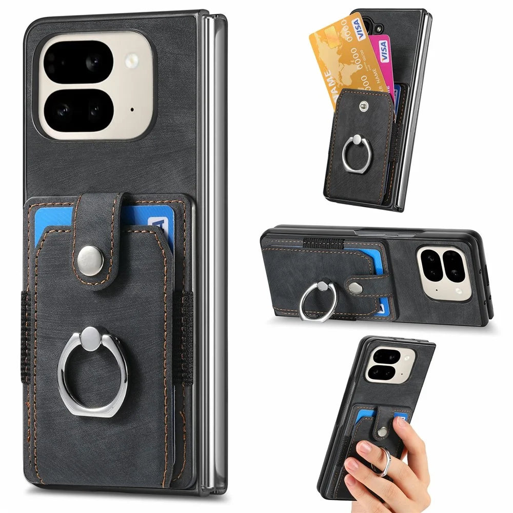 For Google Pixel 9 Pro Fold 5G Case Kickstand Leather+PC Non-Slip Protective Cover Card Slots - Black - 1