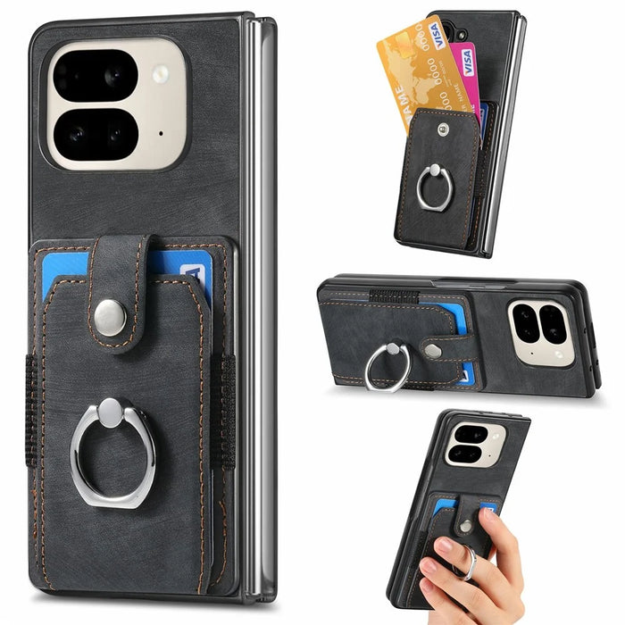 For Google Pixel 9 Pro Fold 5G Case Kickstand Leather+PC Non-Slip Protective Cover Card Slots - Black - 1