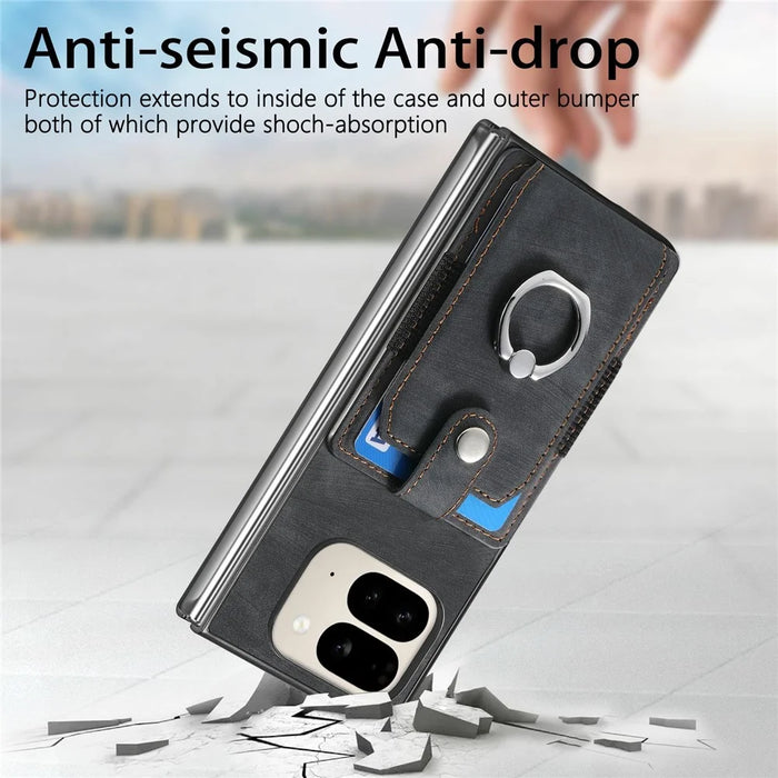 For Google Pixel 9 Pro Fold 5G Case Kickstand Leather+PC Non-Slip Protective Cover Card Slots - Black - 5