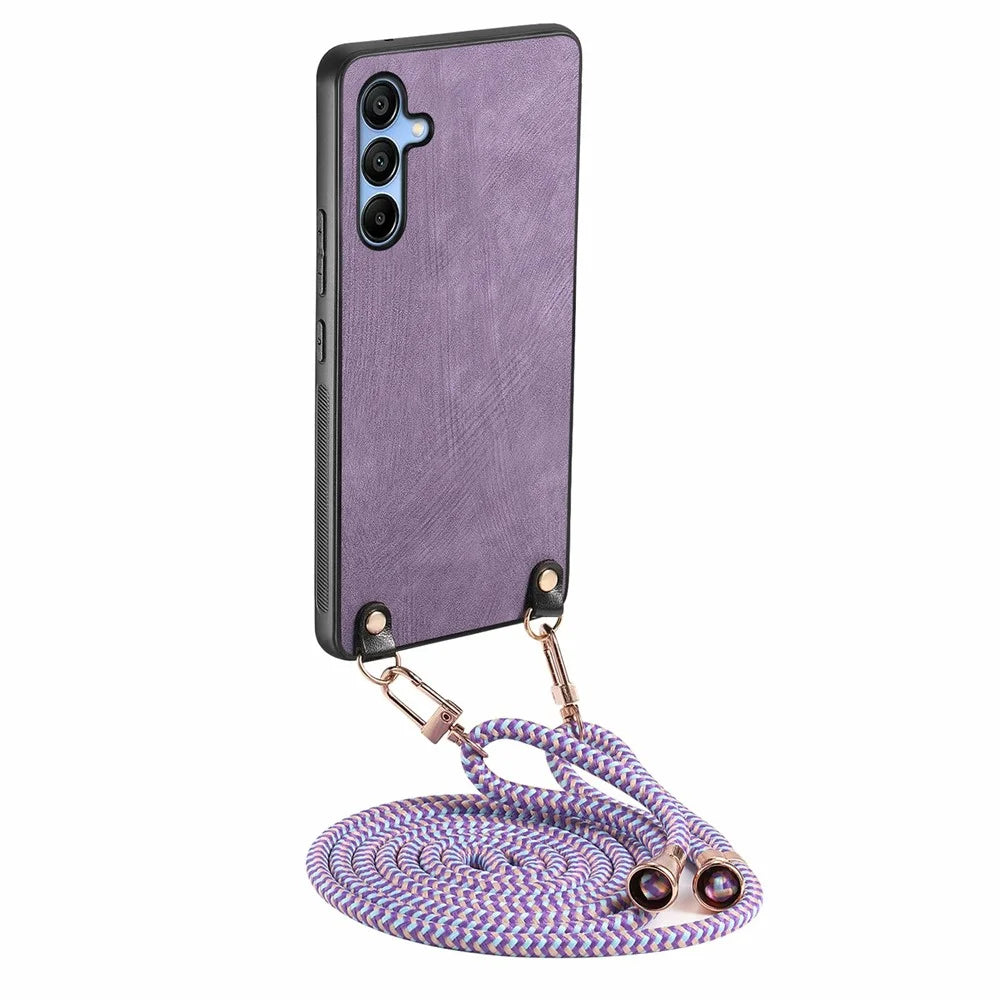 For Samsung Galaxy A16 5G  /  A16 4G Case Retro Texture Leather Coated PC+TPU Phone Cover with Hanging Rope - Purple - 1