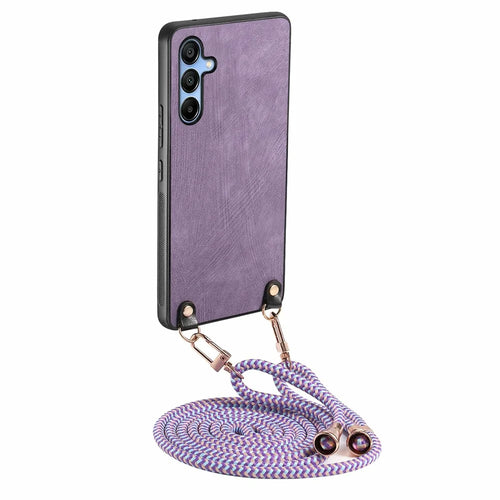 For Samsung Galaxy A16 5G  /  A16 4G Case Retro Texture Leather Coated PC+TPU Phone Cover with Hanging Rope - Purple - 1