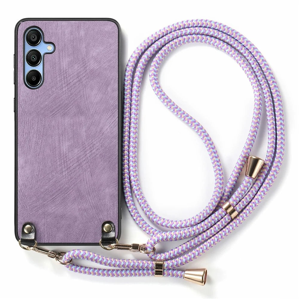 For Samsung Galaxy A16 5G  /  A16 4G Case Retro Texture Leather Coated PC+TPU Phone Cover with Hanging Rope - Purple - 2