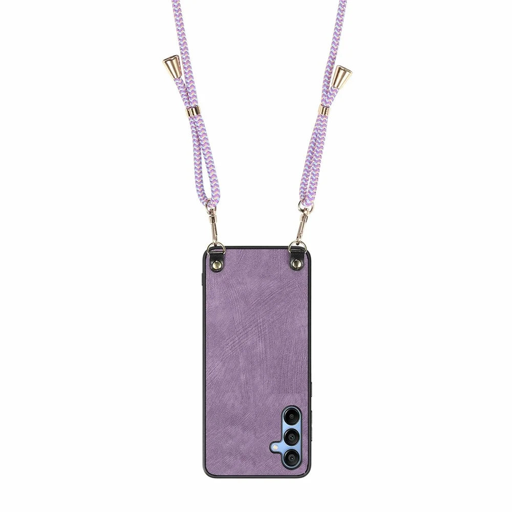 For Samsung Galaxy A16 5G  /  A16 4G Case Retro Texture Leather Coated PC+TPU Phone Cover with Hanging Rope - Purple - 3