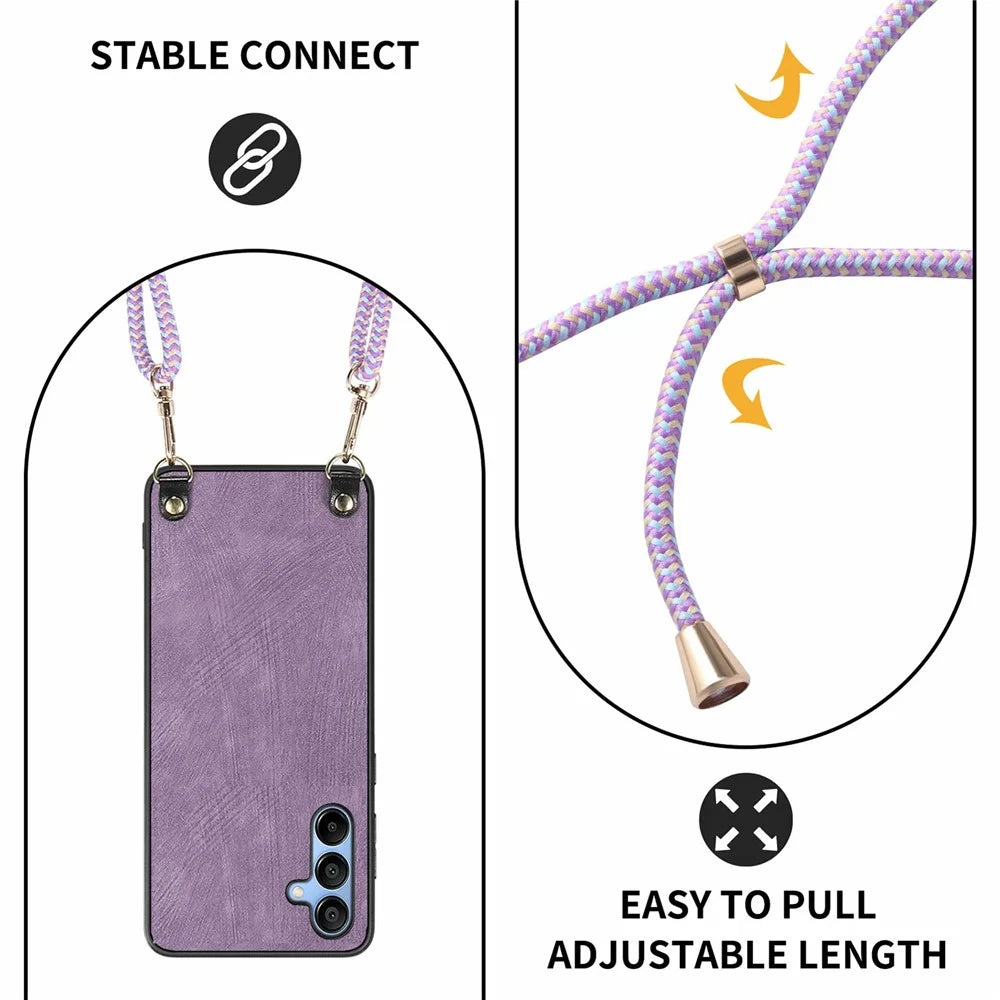 For Samsung Galaxy A16 5G  /  A16 4G Case Retro Texture Leather Coated PC+TPU Phone Cover with Hanging Rope - Purple - 4