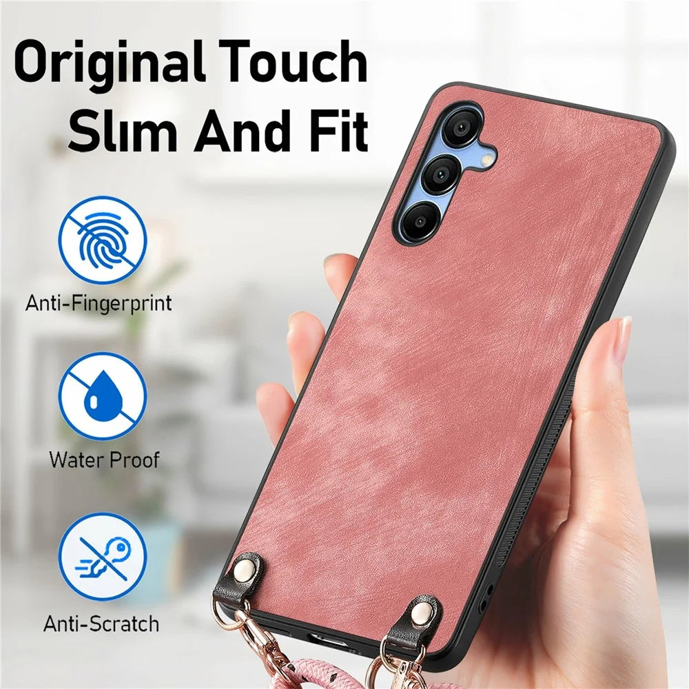 For Samsung Galaxy A16 5G  /  A16 4G Case Retro Texture Leather Coated PC+TPU Phone Cover with Hanging Rope - Purple - 6