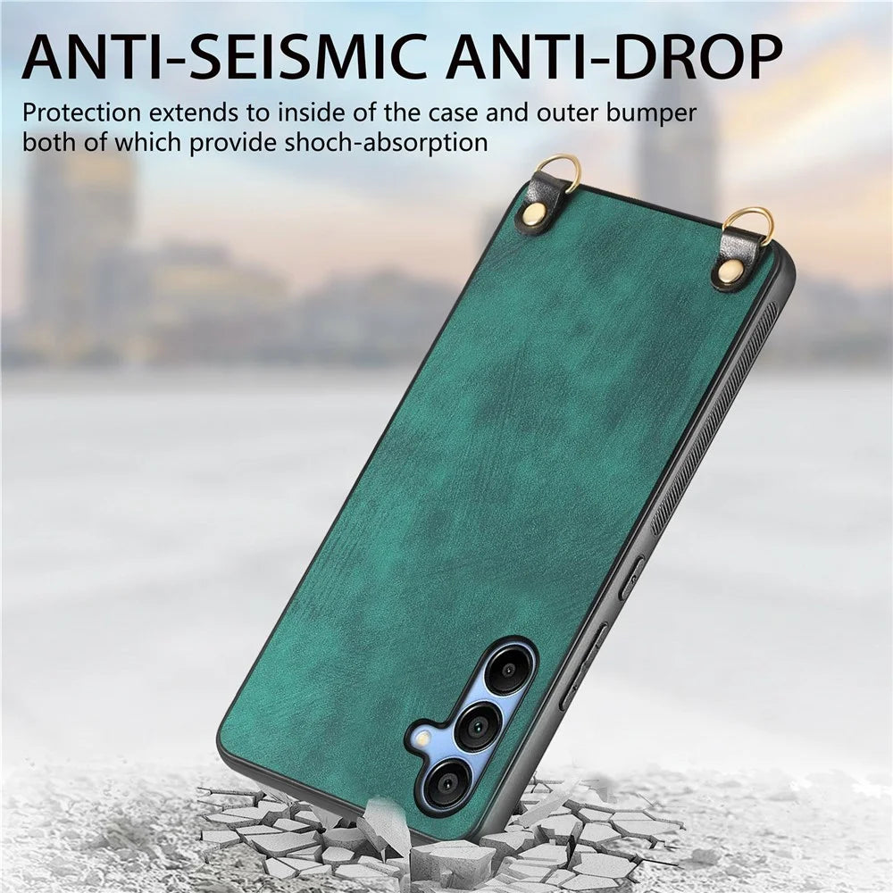 For Samsung Galaxy A16 5G  /  A16 4G Case Retro Texture Leather Coated PC+TPU Phone Cover with Hanging Rope - Purple - 7