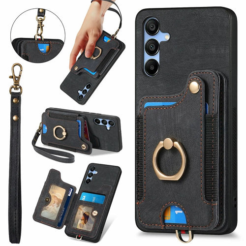 For Samsung Galaxy A16 4G  /  A16 5G Case RFID Blocking Handbag Leather+TPU Phone Cover Card Slots, Ring Holder - Black - 1