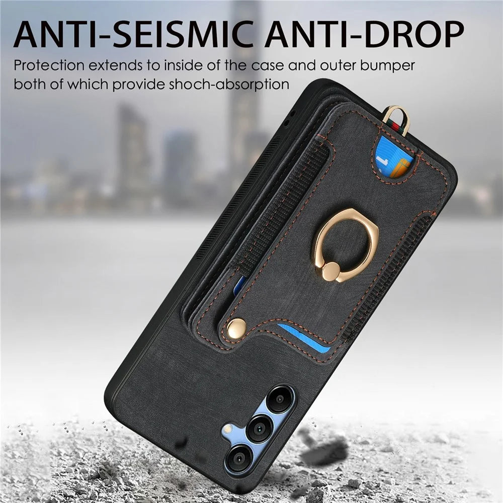 For Samsung Galaxy A16 4G  /  A16 5G Case RFID Blocking Handbag Leather+TPU Phone Cover Card Slots, Ring Holder - Black - 5