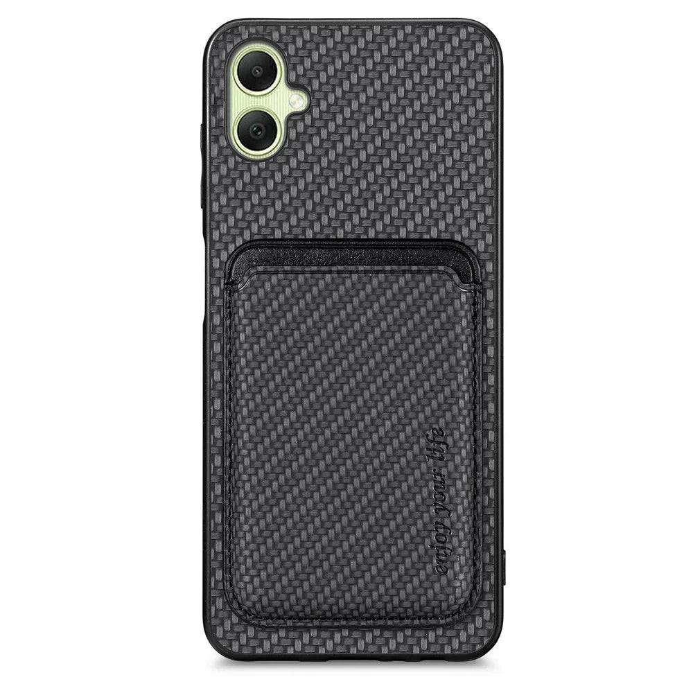 For Samsung Galaxy A06 4G Case Carbon Fiber Leather Back Cover with Detachable Card Bag - Black - 1