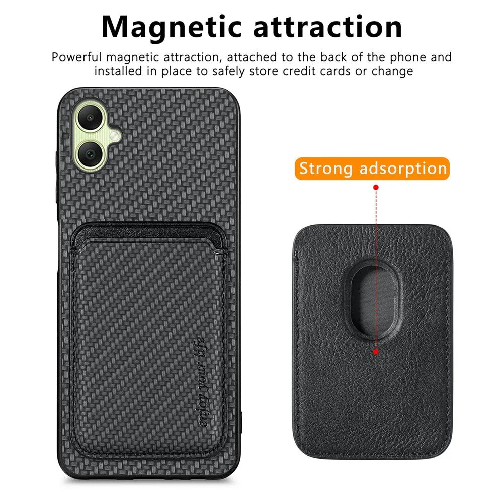 For Samsung Galaxy A06 4G Case Carbon Fiber Leather Back Cover with Detachable Card Bag - Black - 2