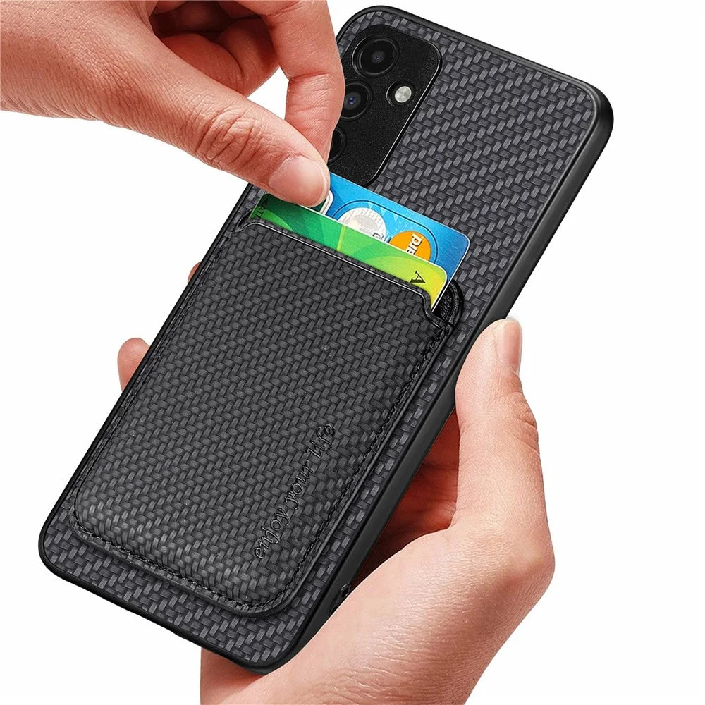 For Samsung Galaxy A06 4G Case Carbon Fiber Leather Back Cover with Detachable Card Bag - Black - 4