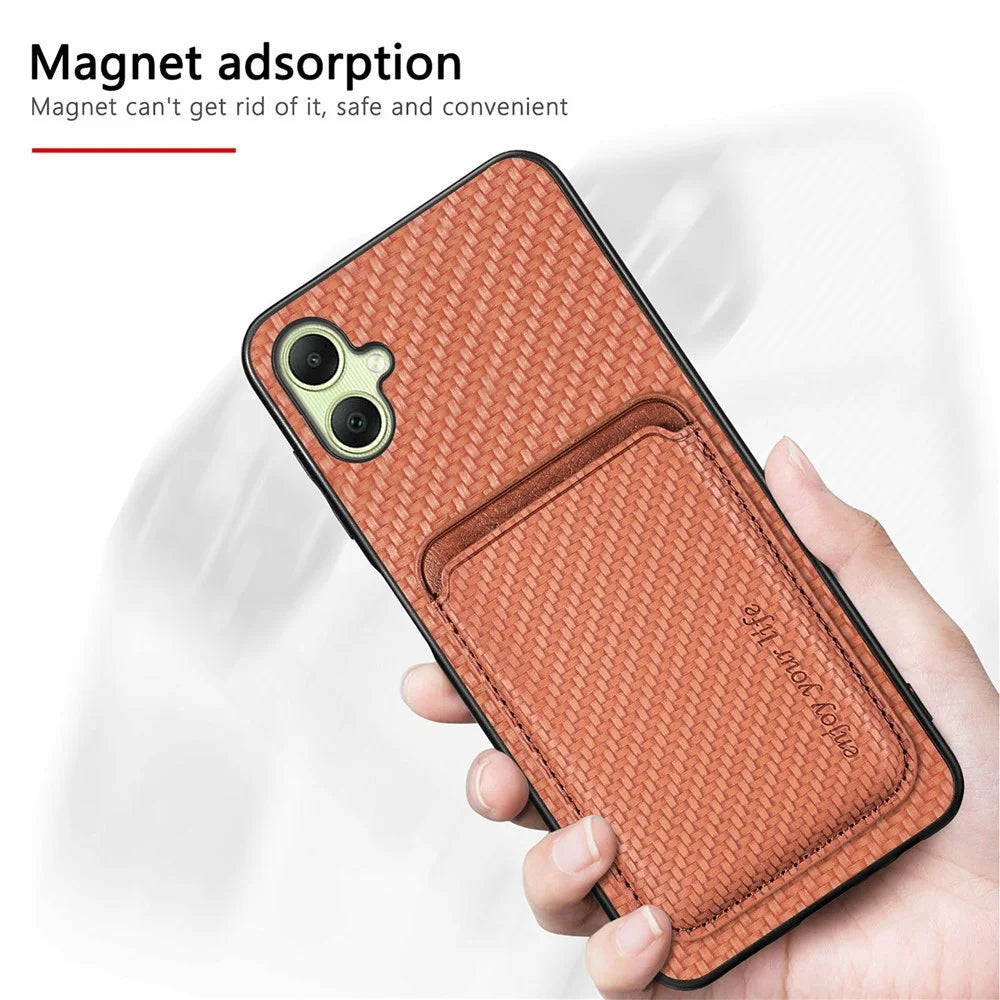 For Samsung Galaxy A06 4G Case Carbon Fiber Leather Back Cover with Detachable Card Bag - Black - 5