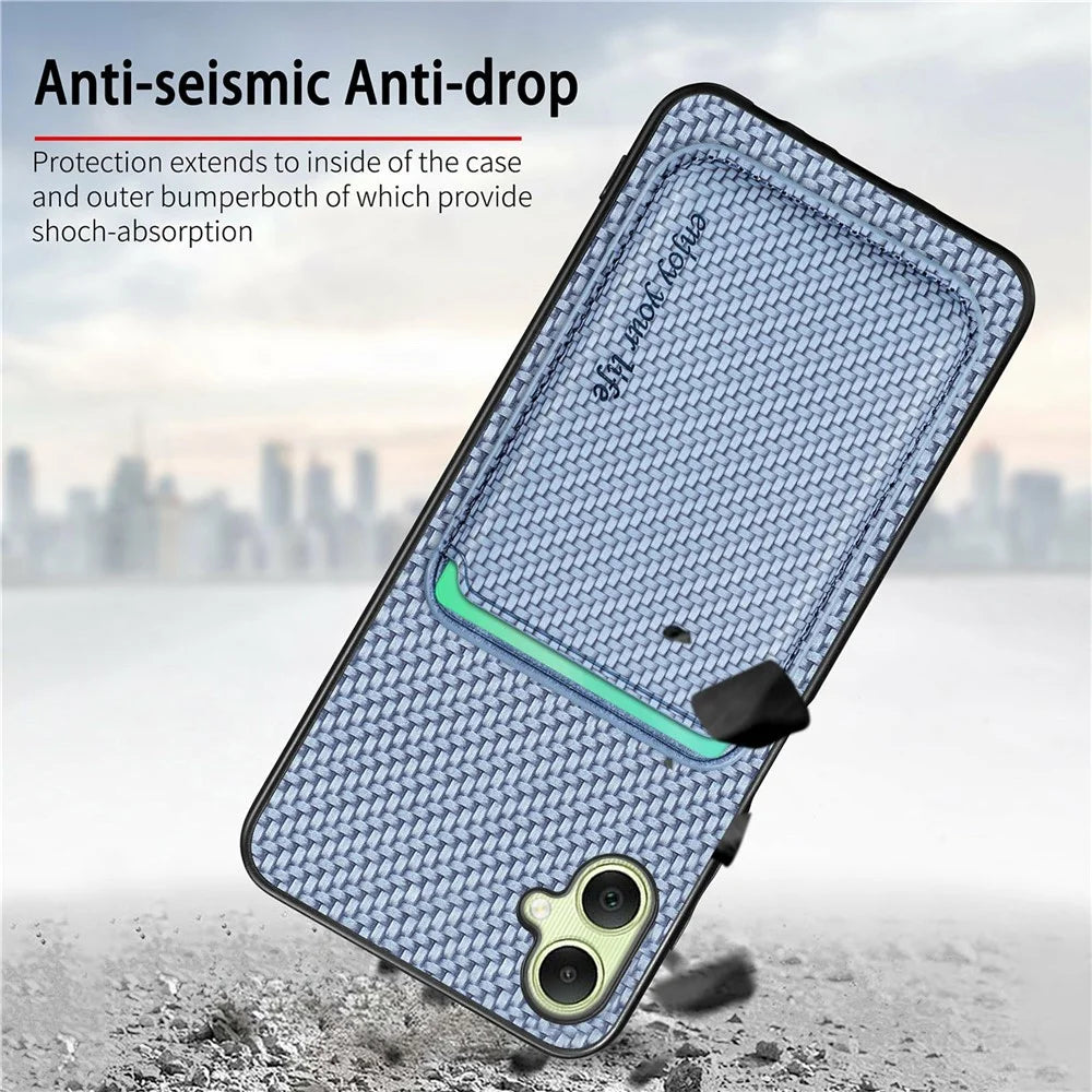 For Samsung Galaxy A06 4G Case Carbon Fiber Leather Back Cover with Detachable Card Bag - Black - 6