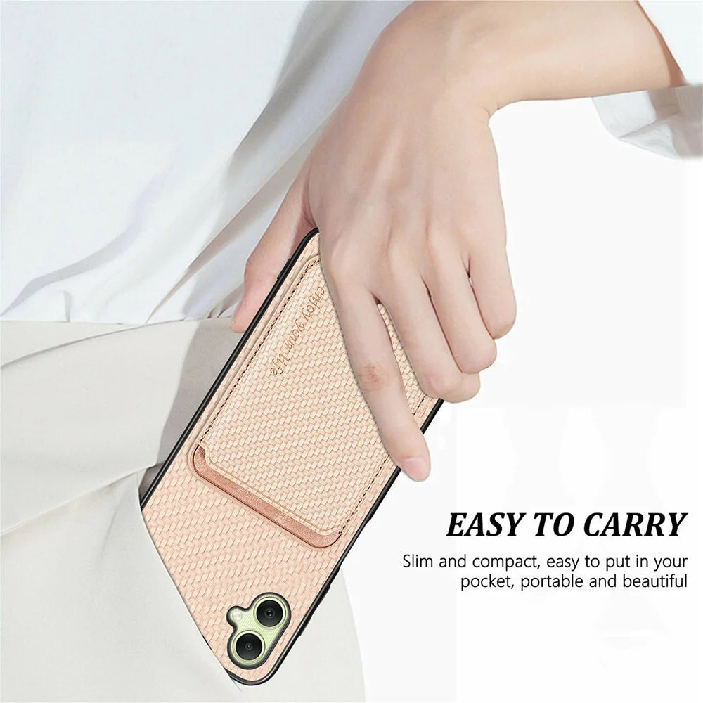 For Samsung Galaxy A06 4G Case Carbon Fiber Leather Back Cover with Detachable Card Bag - Black - 7