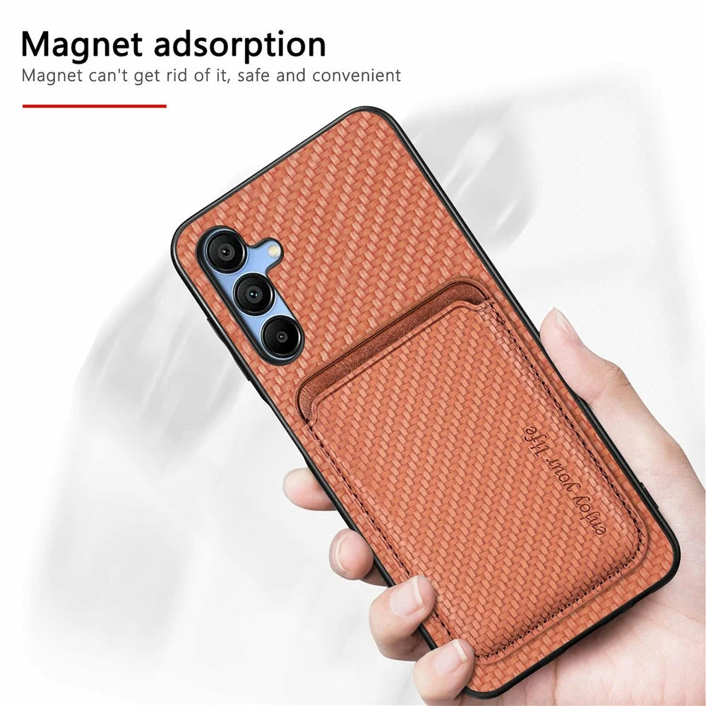 For Samsung Galaxy A16 4G / 5G Case Carbon Fiber Leather Back Cover with Detachable Card Bag - Black - 5