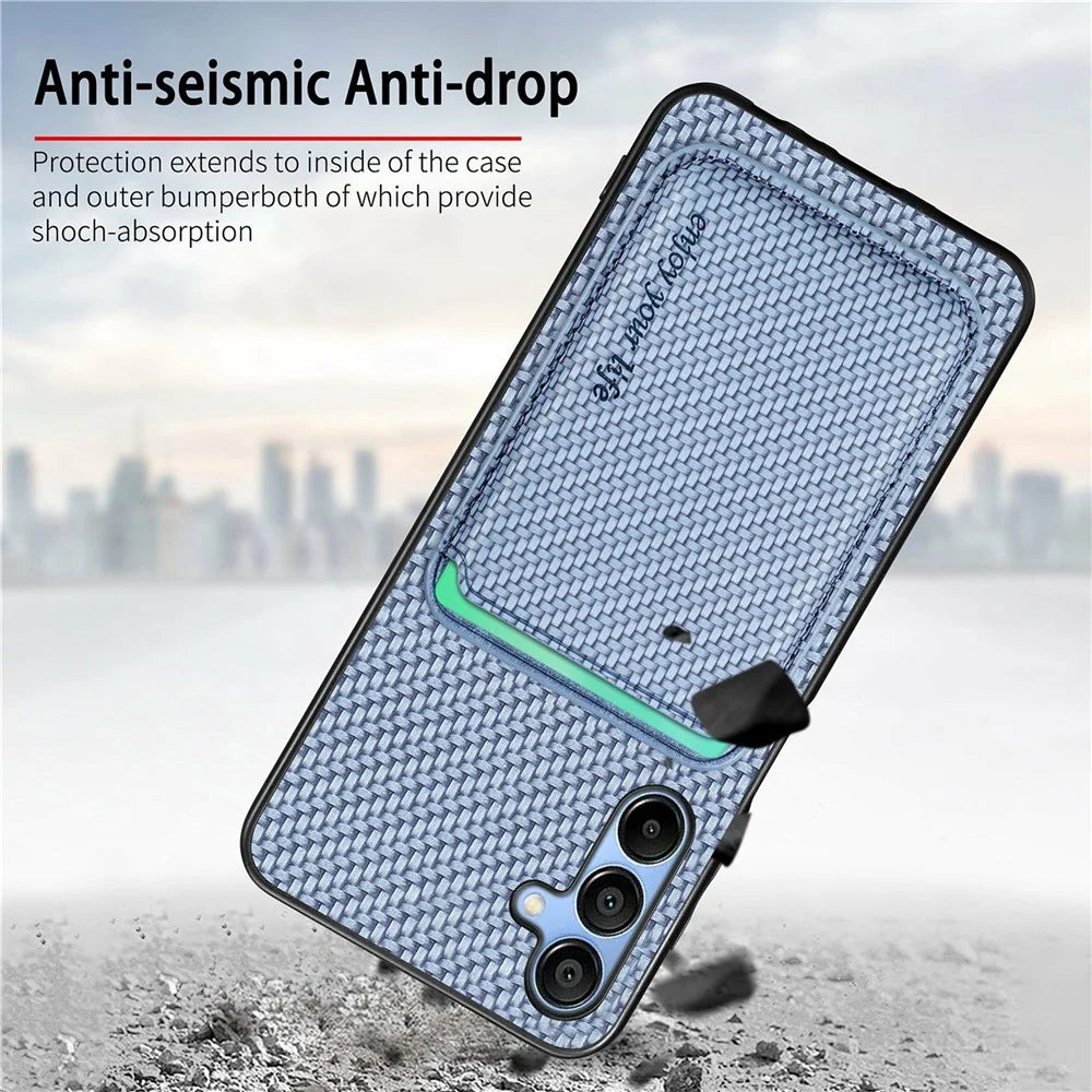For Samsung Galaxy A16 4G / 5G Case Carbon Fiber Leather Back Cover with Detachable Card Bag - Black - 6