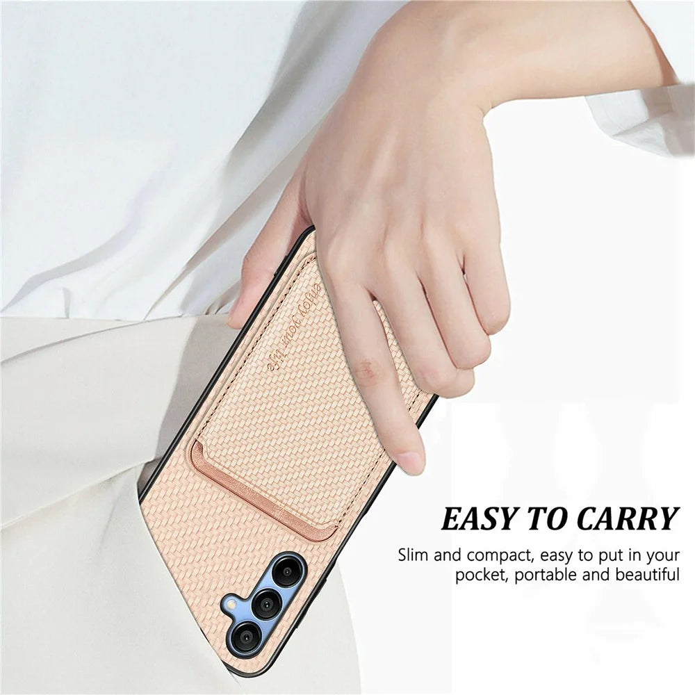 For Samsung Galaxy A16 4G / 5G Case Carbon Fiber Leather Back Cover with Detachable Card Bag - Black - 7