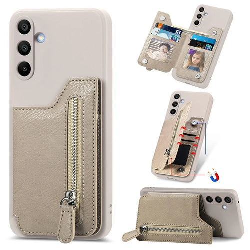 For Samsung Galaxy A16 4G / 5G Case PU Leather+TPU Phone Cover with Zipper Pocket Wallet - Beige - 1