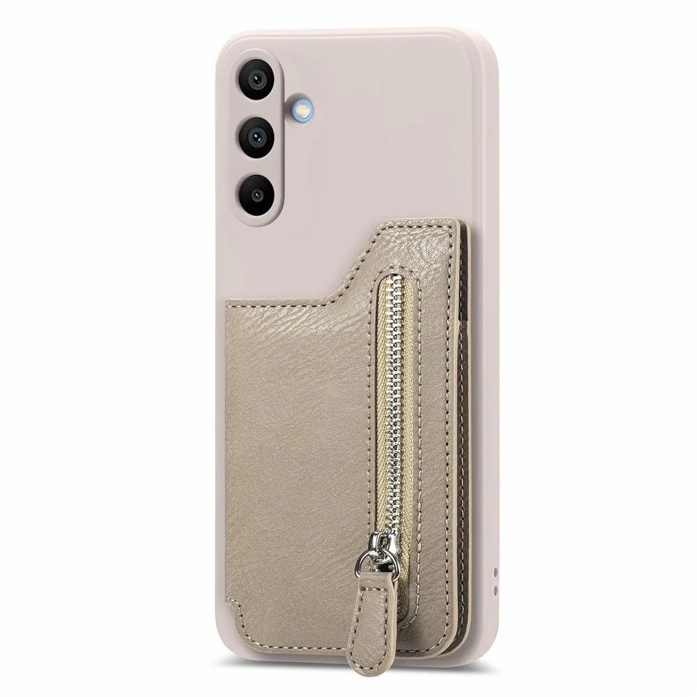 For Samsung Galaxy A16 4G / 5G Case PU Leather+TPU Phone Cover with Zipper Pocket Wallet - Beige - 3