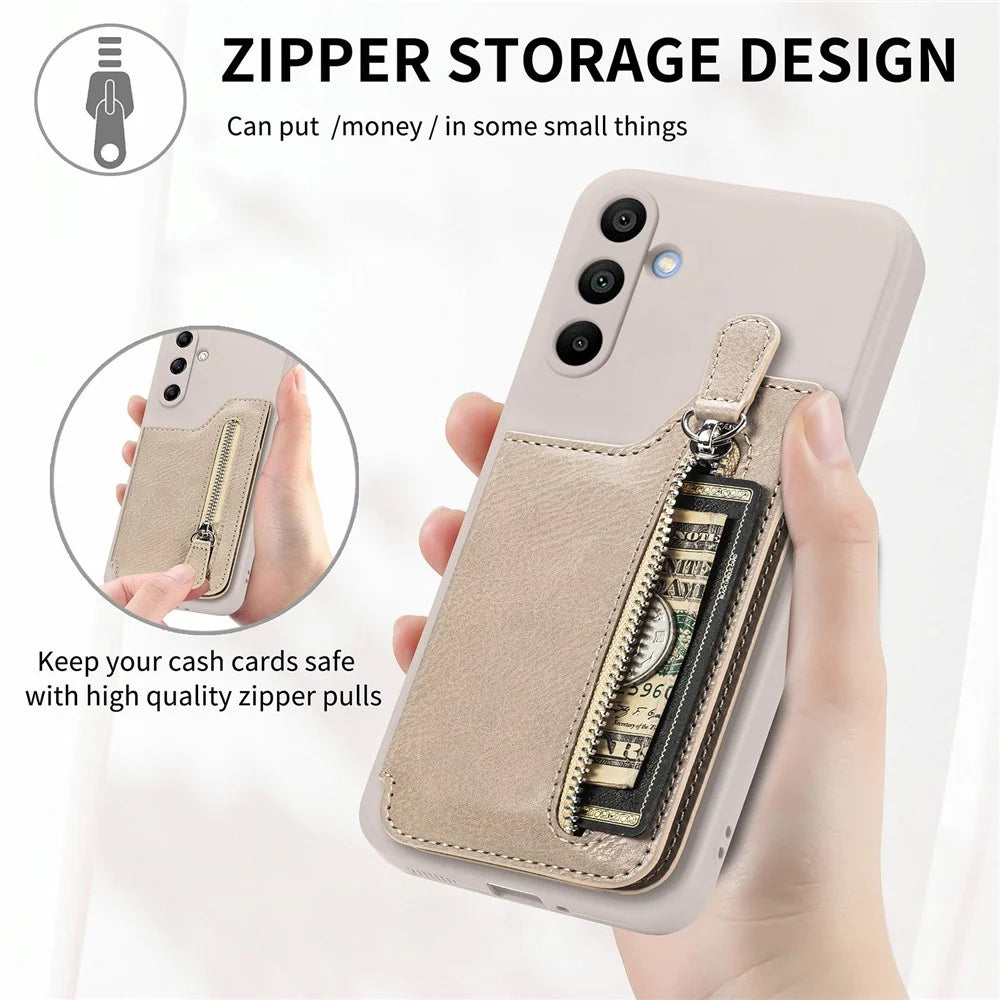 For Samsung Galaxy A16 4G / 5G Case PU Leather+TPU Phone Cover with Zipper Pocket Wallet - Beige - 6