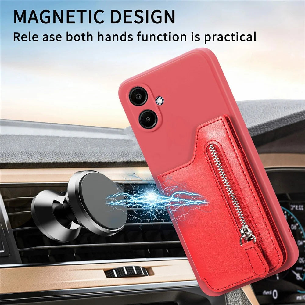 For Samsung Galaxy A06 4G Case PU Leather+TPU Phone Cover with Zipper Pocket Wallet - Red - 5