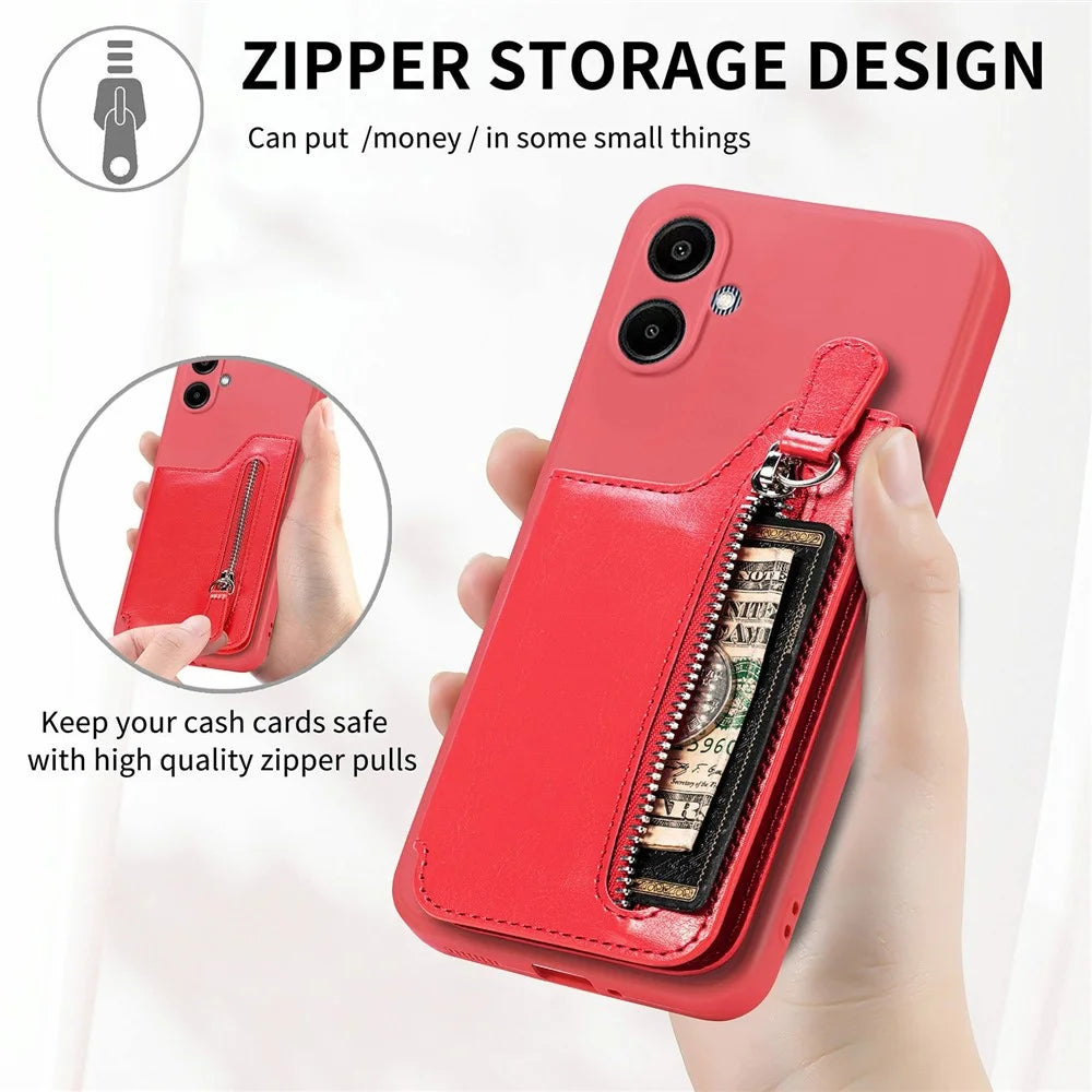 For Samsung Galaxy A06 4G Case PU Leather+TPU Phone Cover with Zipper Pocket Wallet - Red - 6