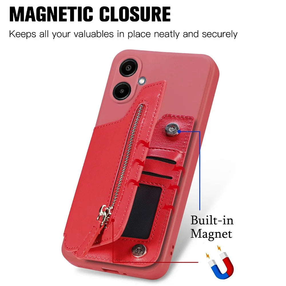 For Samsung Galaxy A06 4G Case PU Leather+TPU Phone Cover with Zipper Pocket Wallet - Red - 7