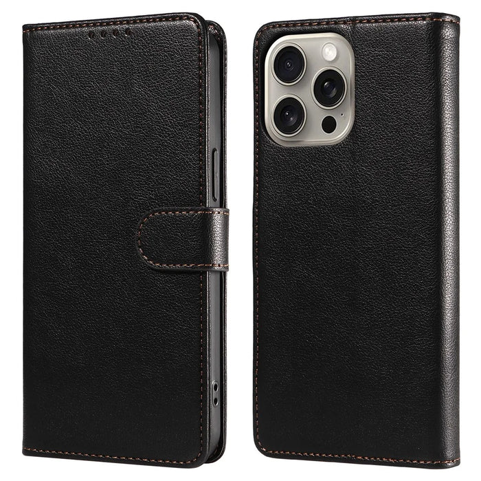 For iPhone 13 Pro Max Leather Case Litchi Texture RFID Blocking Wallet Stand Phone Cover - Black - 1
