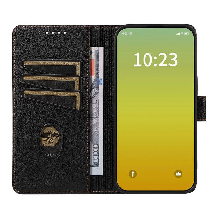 For iPhone 13 Pro Max Leather Case Litchi Texture RFID Blocking Wallet Stand Phone Cover - Black - 2