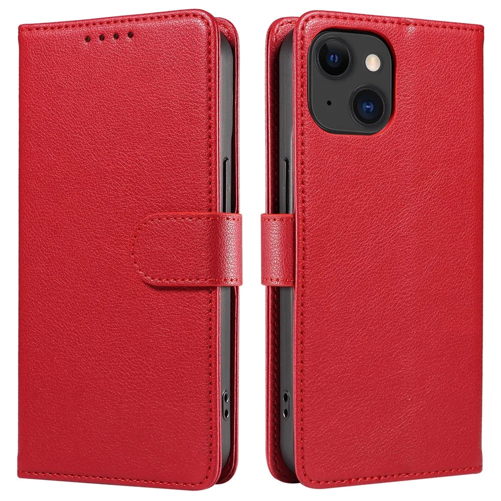 For iPhone 14 Leather Case Litchi Texture RFID Blocking Wallet Stand Phone Cover - Wine Red - 1