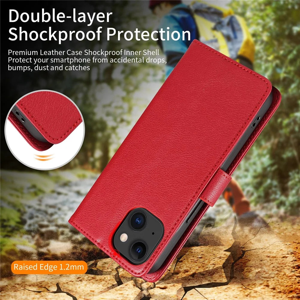 For iPhone 14 Leather Case Litchi Texture RFID Blocking Wallet Stand Phone Cover - Wine Red - 4