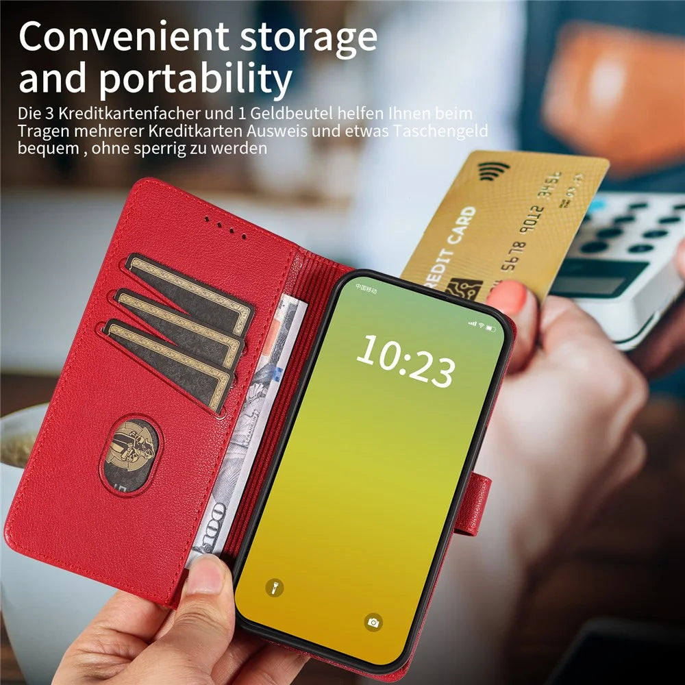 For iPhone 14 Leather Case Litchi Texture RFID Blocking Wallet Stand Phone Cover - Wine Red - 5