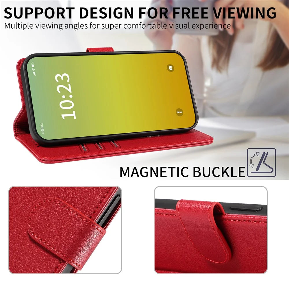 For iPhone 14 Leather Case Litchi Texture RFID Blocking Wallet Stand Phone Cover - Wine Red - 7
