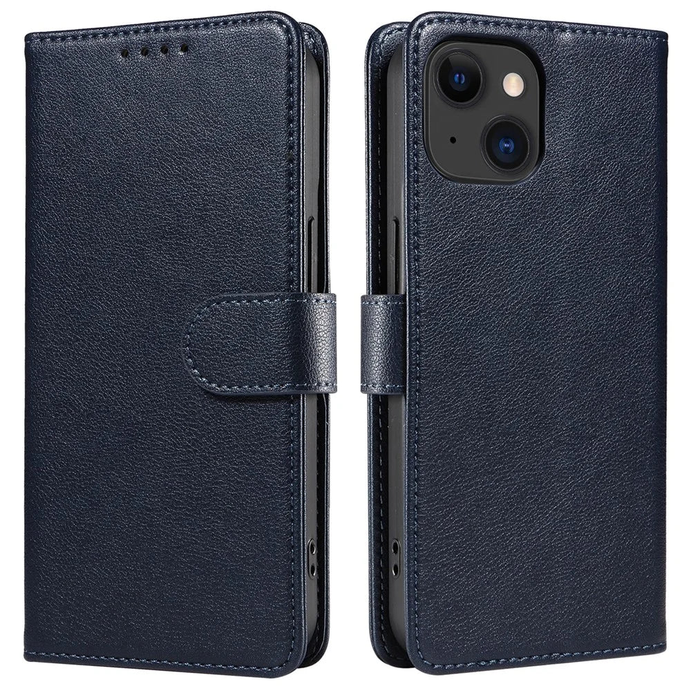 For iPhone 13 Leather Case Litchi Texture RFID Blocking Wallet Stand Phone Cover - Blue - 1